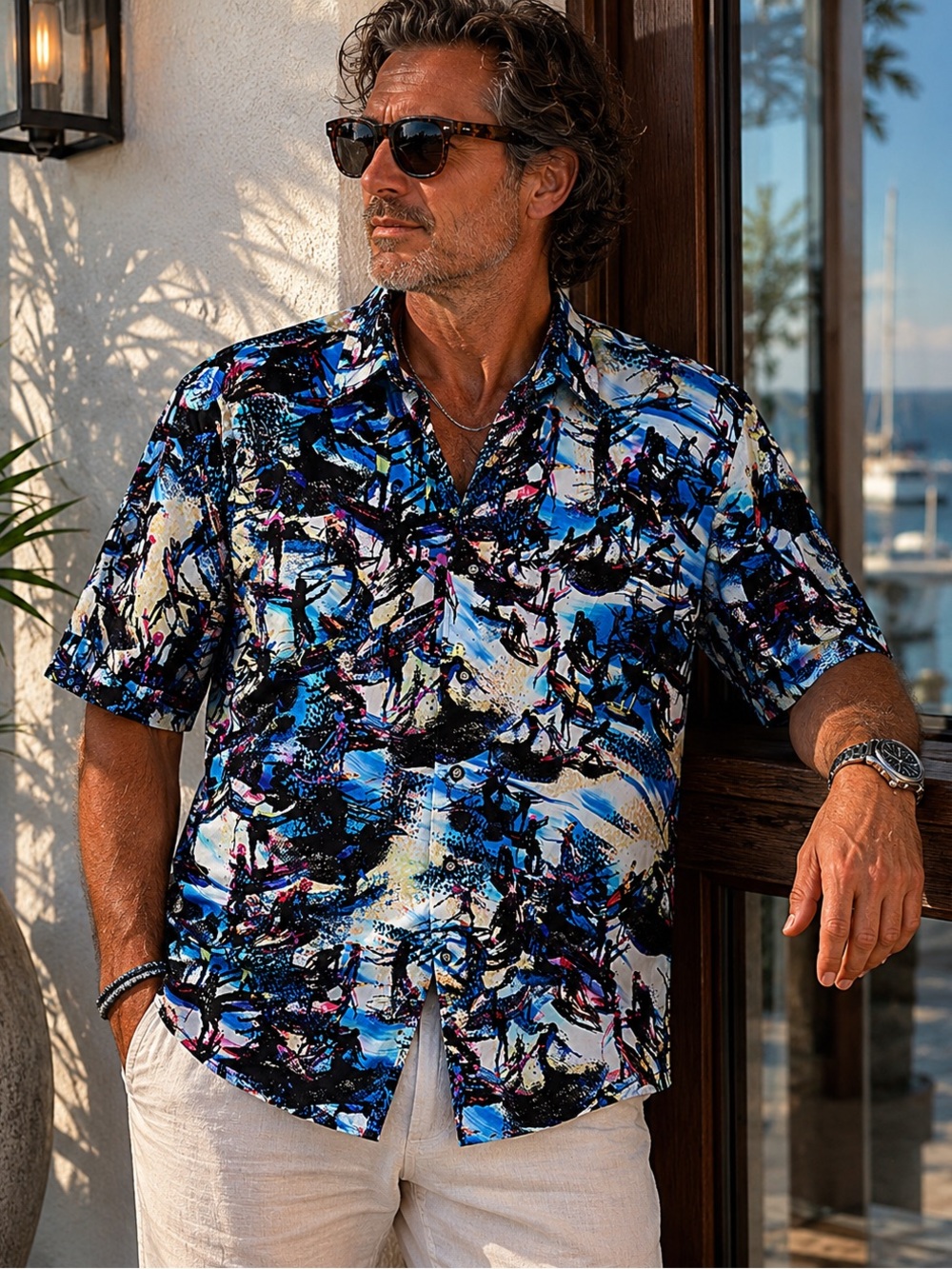 Robert Graham Abstract Surf Coastal Art Print Button Up Shirt XL Eclectic Blue